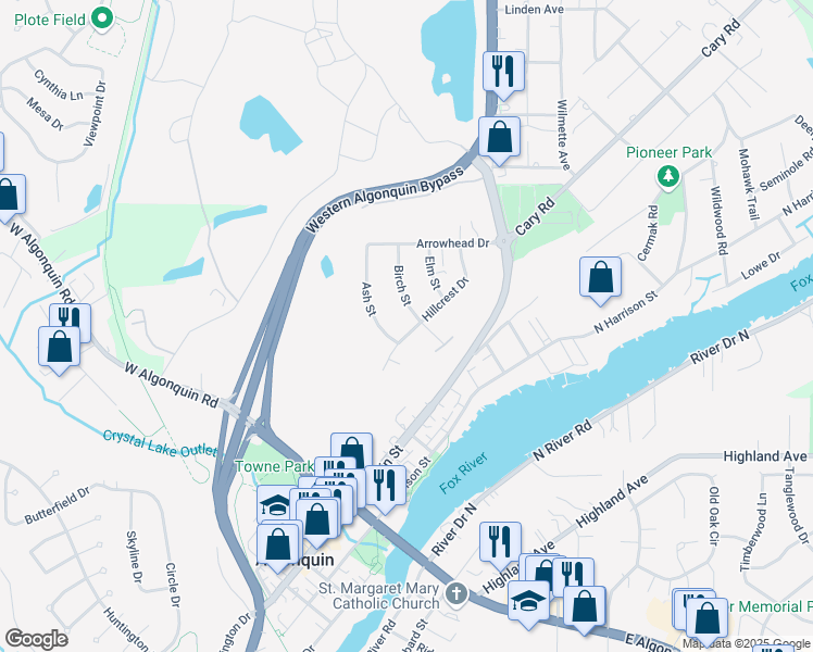 map of restaurants, bars, coffee shops, grocery stores, and more near 306 Hillcrest Drive in Algonquin