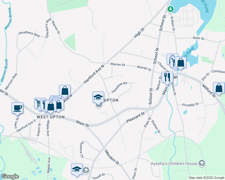 map of restaurants, bars, coffee shops, grocery stores, and more near 2 Hazeltine Road in Upton