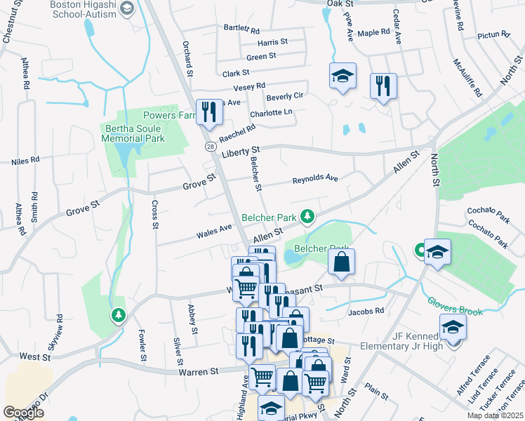 map of restaurants, bars, coffee shops, grocery stores, and more near 79 Belcher Street in Randolph