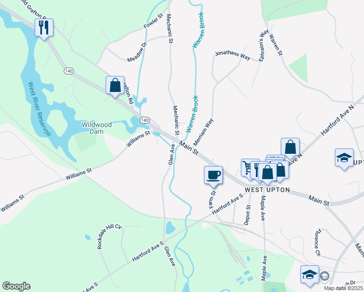 map of restaurants, bars, coffee shops, grocery stores, and more near 162A West Main Street in Upton