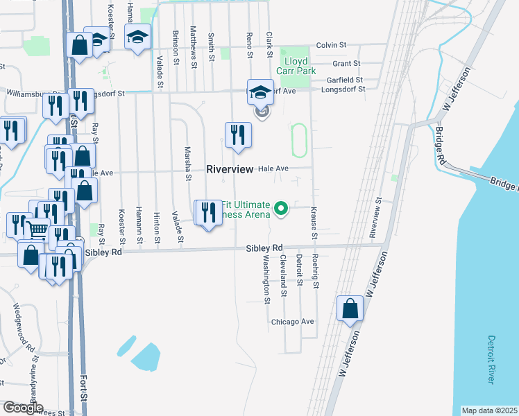 map of restaurants, bars, coffee shops, grocery stores, and more near 12556 Nixon Avenue in Riverview