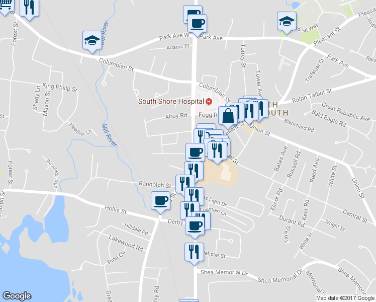 map of restaurants, bars, coffee shops, grocery stores, and more near 7 Roberts Drive in Weymouth