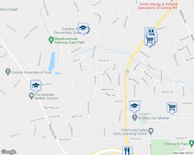 map of restaurants, bars, coffee shops, grocery stores, and more near 707 Tifft Avenue in Horseheads