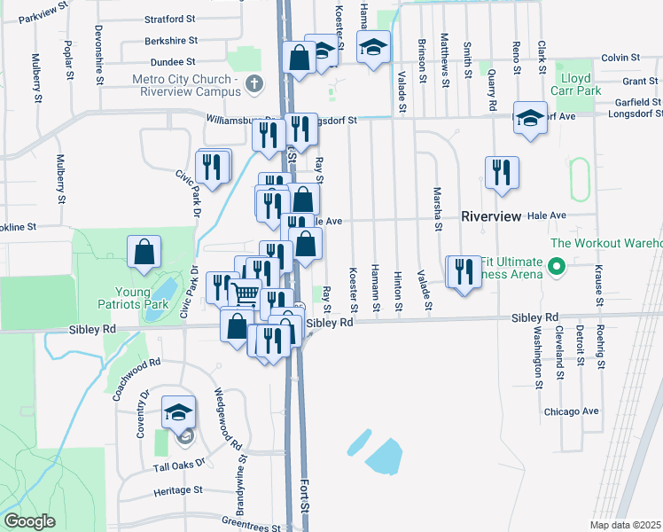 map of restaurants, bars, coffee shops, grocery stores, and more near 18621 Ray Street in Riverview