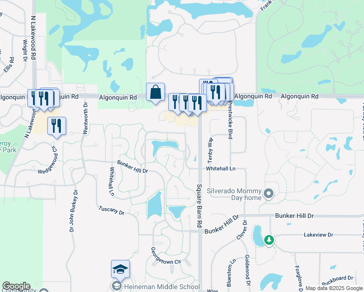 map of restaurants, bars, coffee shops, grocery stores, and more near 4140 Whitehall Lane in Algonquin
