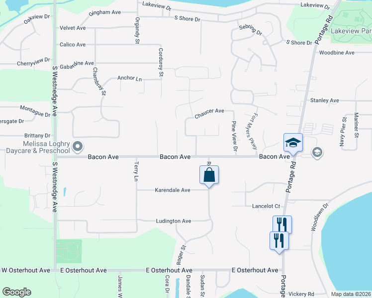 map of restaurants, bars, coffee shops, grocery stores, and more near 1019 Bacon Avenue in Portage