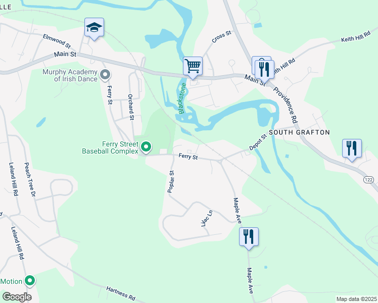 map of restaurants, bars, coffee shops, grocery stores, and more near 127 Ferry Street in Grafton