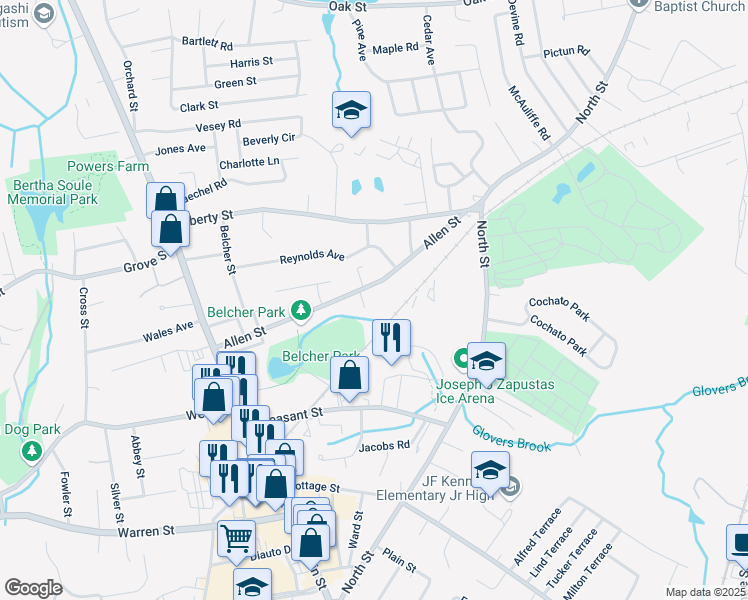 map of restaurants, bars, coffee shops, grocery stores, and more near 8 Dennis Circle in Randolph