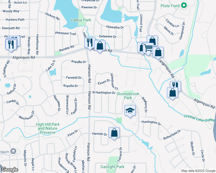 map of restaurants, bars, coffee shops, grocery stores, and more near 218 Grandview Court in Algonquin