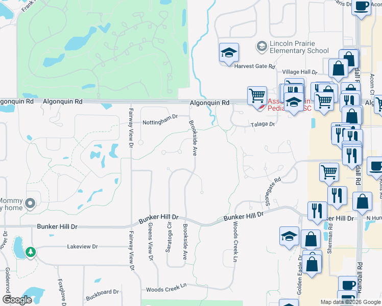 map of restaurants, bars, coffee shops, grocery stores, and more near 3 Springbrook Lane in Algonquin