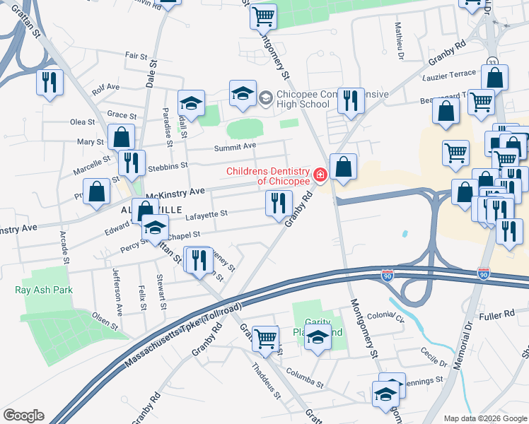 map of restaurants, bars, coffee shops, grocery stores, and more near 191 Lafayette Street in Chicopee