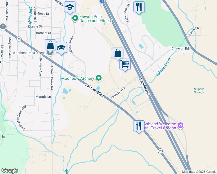 map of restaurants, bars, coffee shops, grocery stores, and more near 2799 Siskiyou Boulevard in Ashland