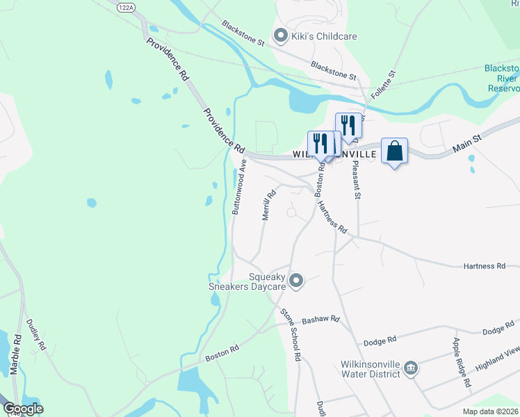 map of restaurants, bars, coffee shops, grocery stores, and more near 24 Merrill Road in Sutton