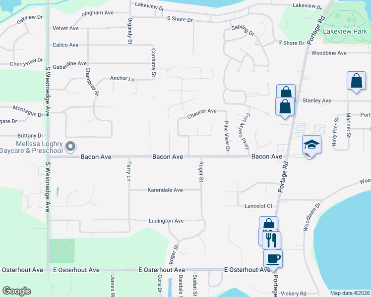 map of restaurants, bars, coffee shops, grocery stores, and more near 1019 Bacon Avenue in Portage