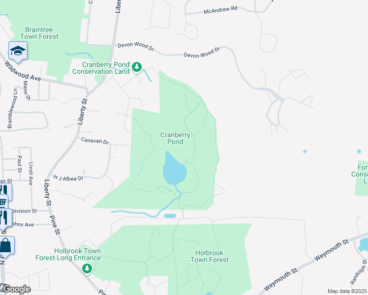 map of restaurants, bars, coffee shops, grocery stores, and more near 90 Canavan Drive in Braintree