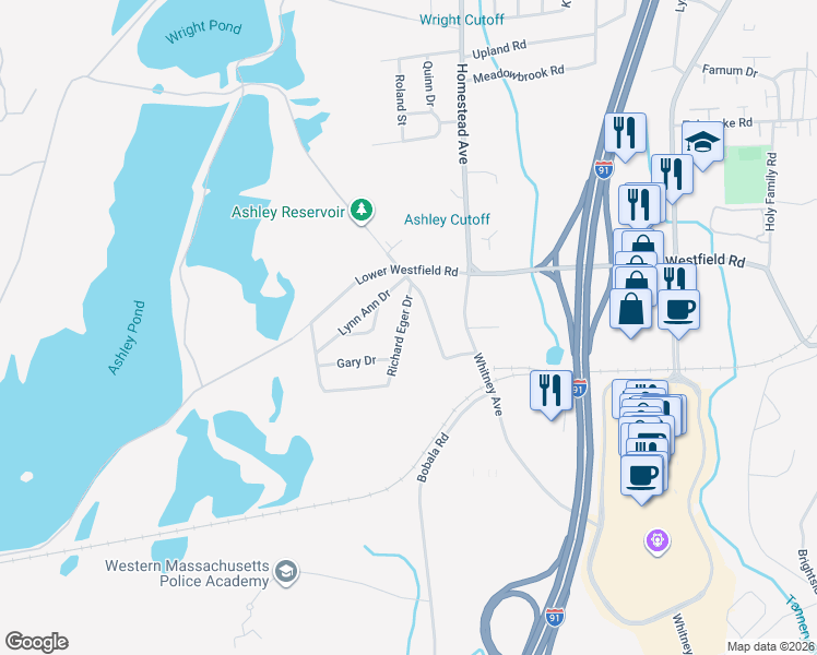 map of restaurants, bars, coffee shops, grocery stores, and more near 16 Richard Eger Drive in Holyoke