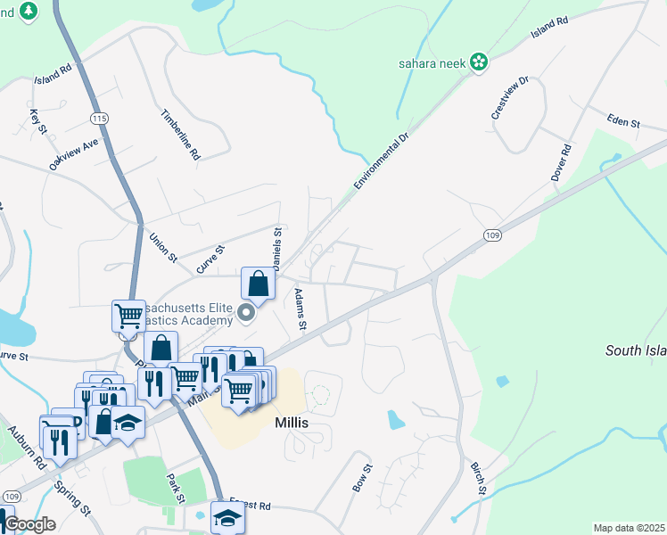 map of restaurants, bars, coffee shops, grocery stores, and more near 22 Winter Street in Millis