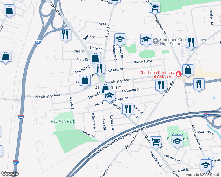 map of restaurants, bars, coffee shops, grocery stores, and more near 741 McKinstry Avenue in Chicopee
