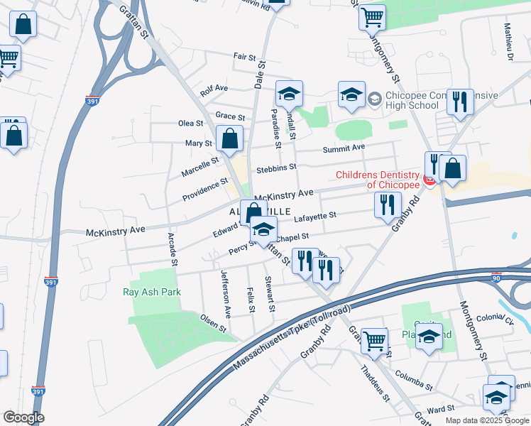 map of restaurants, bars, coffee shops, grocery stores, and more near 741 McKinstry Avenue in Chicopee