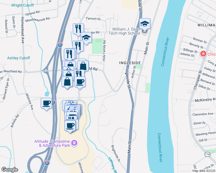 map of restaurants, bars, coffee shops, grocery stores, and more near 44 Lower Westfield Road in Holyoke