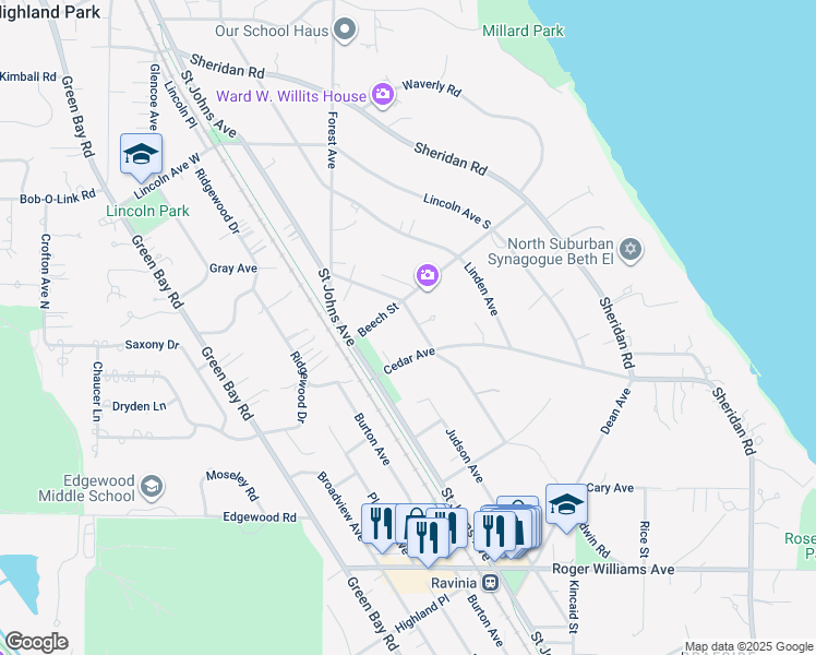 map of restaurants, bars, coffee shops, grocery stores, and more near 1116 Wade Street in Highland Park