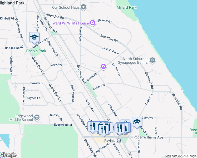 map of restaurants, bars, coffee shops, grocery stores, and more near 1116 Wade Street in Highland Park