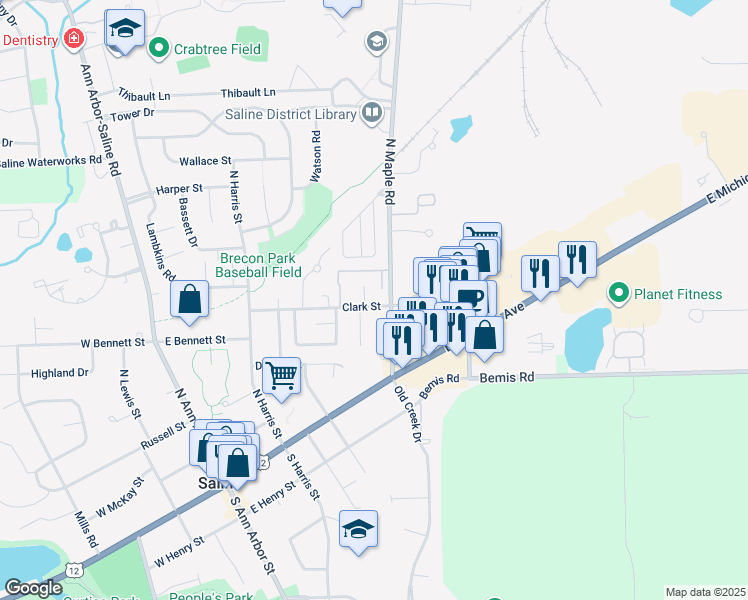 map of restaurants, bars, coffee shops, grocery stores, and more near 357 Clark Street in Saline