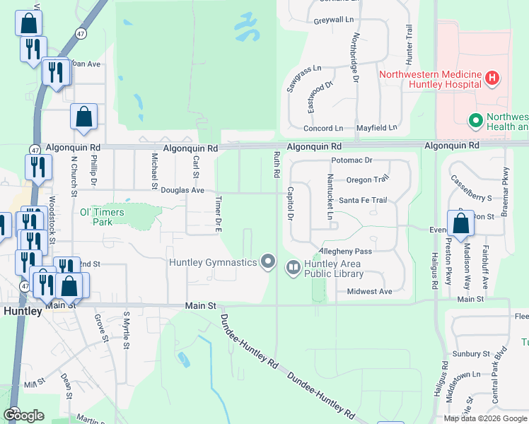 map of restaurants, bars, coffee shops, grocery stores, and more near 10703 Ruth Road in Huntley