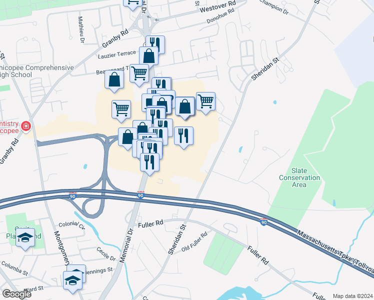 map of restaurants, bars, coffee shops, grocery stores, and more near 499 Sheridan Street in Chicopee