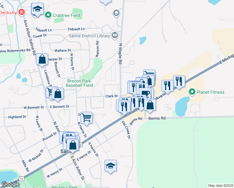 map of restaurants, bars, coffee shops, grocery stores, and more near 357 Clark Street in Saline