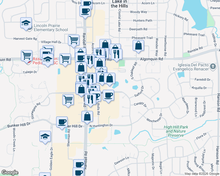 map of restaurants, bars, coffee shops, grocery stores, and more near 265 Stonegate Road in Algonquin