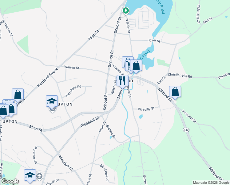 map of restaurants, bars, coffee shops, grocery stores, and more near 12 Massachusetts 140 in Upton