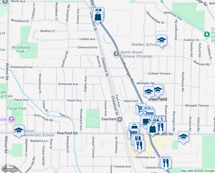 map of restaurants, bars, coffee shops, grocery stores, and more near 1058 Chestnut Street in Deerfield