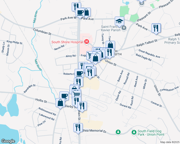 map of restaurants, bars, coffee shops, grocery stores, and more near 9 Central Street in Weymouth