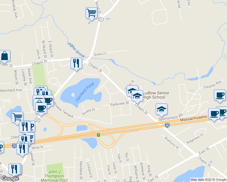 map of restaurants, bars, coffee shops, grocery stores, and more near 24 Chapin Circle in Ludlow