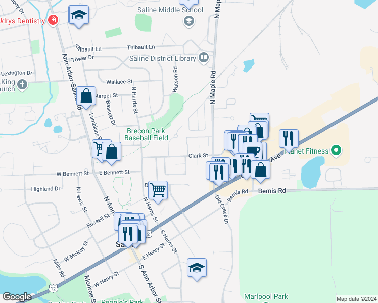 map of restaurants, bars, coffee shops, grocery stores, and more near 300 Hartman Lane in Saline