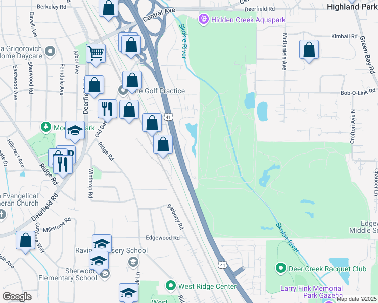 map of restaurants, bars, coffee shops, grocery stores, and more near 1063 Deerfield Place in Highland Park