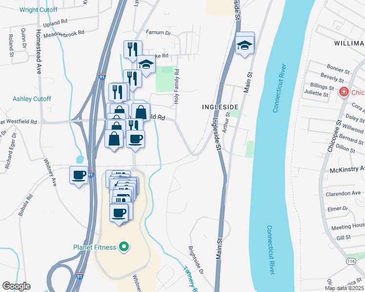 map of restaurants, bars, coffee shops, grocery stores, and more near 44 Lower Westfield Road in Holyoke