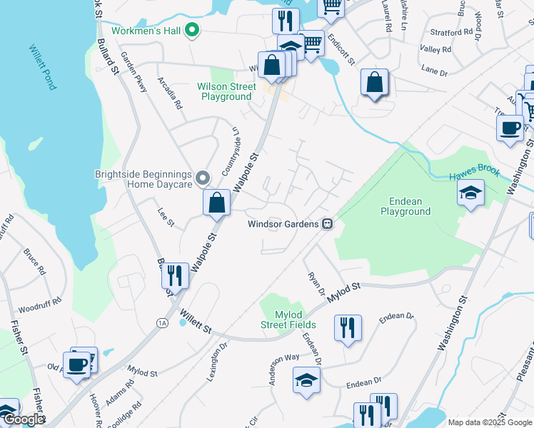 map of restaurants, bars, coffee shops, grocery stores, and more near 150 Engamore Lane in Norwood