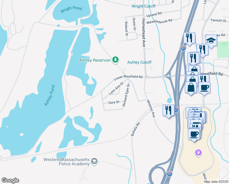 map of restaurants, bars, coffee shops, grocery stores, and more near 24 Lynn Ann Drive in Holyoke