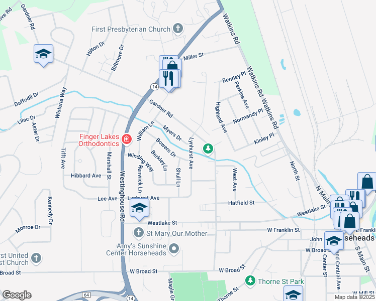 map of restaurants, bars, coffee shops, grocery stores, and more near 407 Lynhurst Avenue in Horseheads