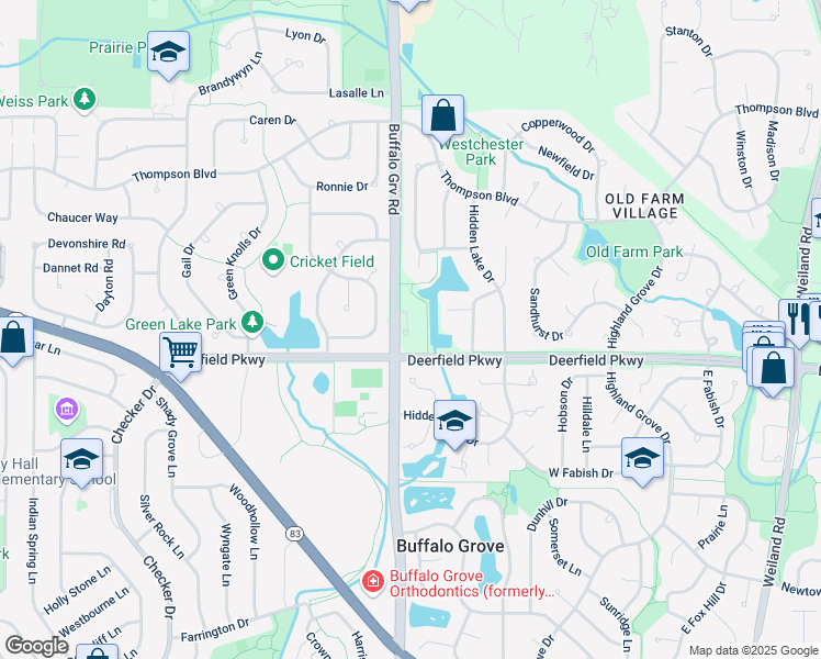 map of restaurants, bars, coffee shops, grocery stores, and more near 259 Kendall Court in Buffalo Grove