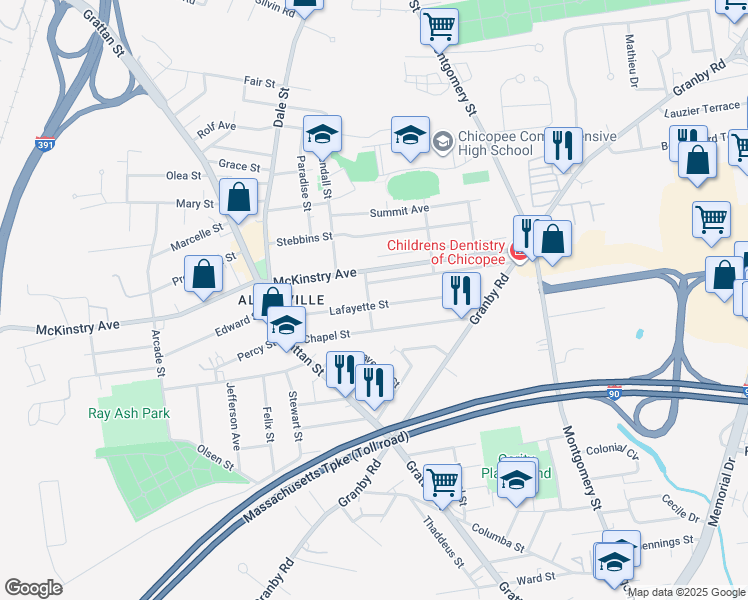 map of restaurants, bars, coffee shops, grocery stores, and more near 32 York Street in Chicopee