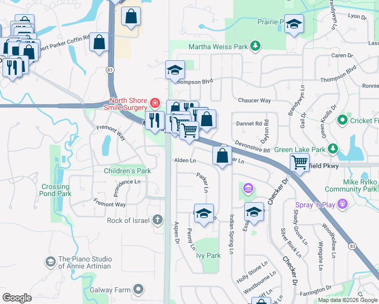 map of restaurants, bars, coffee shops, grocery stores, and more near 1080 Belmar Lane in Buffalo Grove