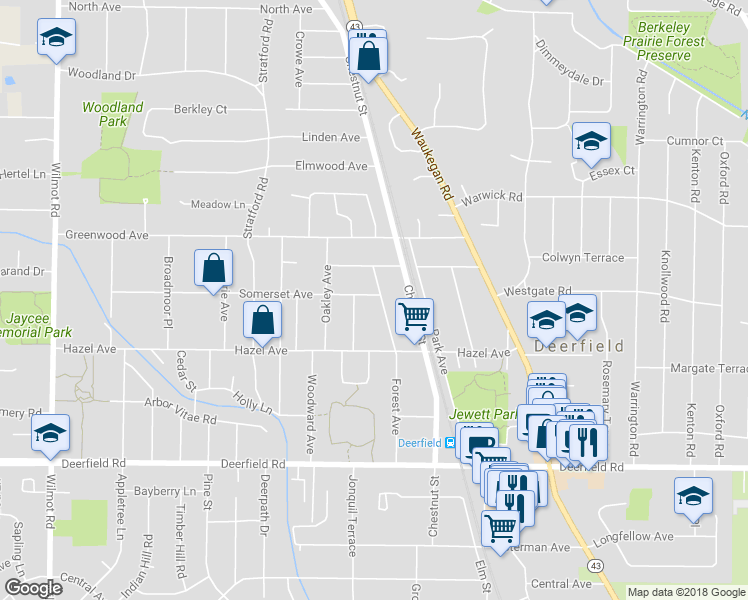 map of restaurants, bars, coffee shops, grocery stores, and more near 1058 Forest Avenue in Deerfield