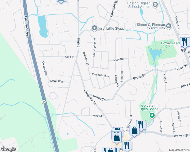 map of restaurants, bars, coffee shops, grocery stores, and more near 12 Van Tassel Drive in Randolph