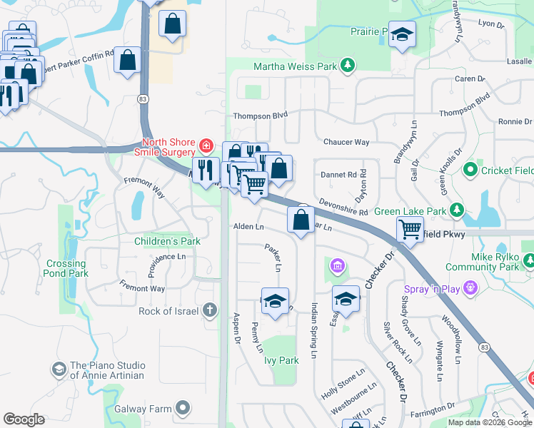 map of restaurants, bars, coffee shops, grocery stores, and more near 1080 Belmar Lane in Buffalo Grove