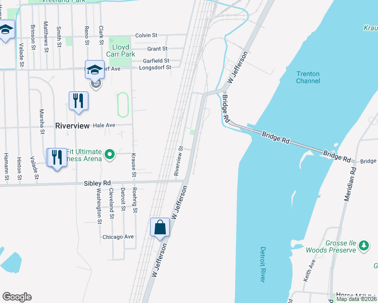 map of restaurants, bars, coffee shops, grocery stores, and more near 18704 Jefferson in Riverview