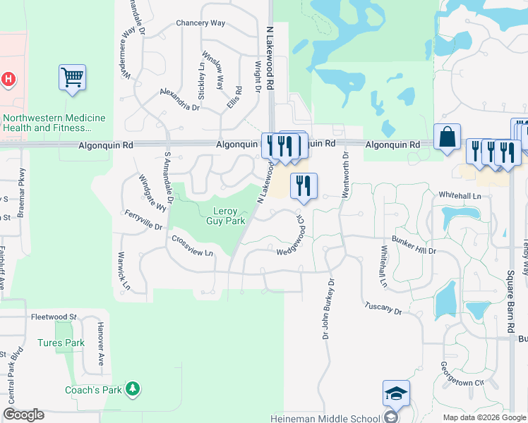 map of restaurants, bars, coffee shops, grocery stores, and more near 240 Wedgewood Circle in Lake in the Hills