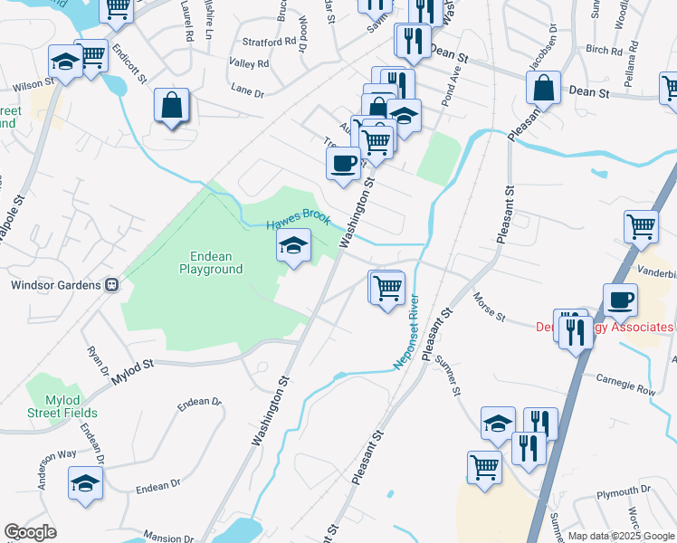 map of restaurants, bars, coffee shops, grocery stores, and more near 15 Short Street in Norwood